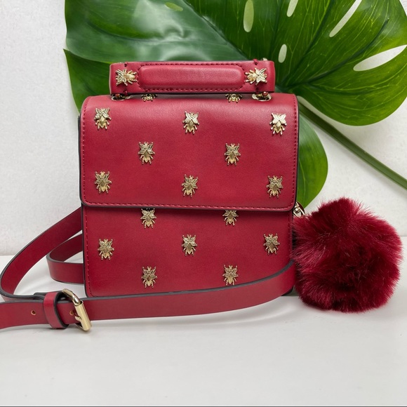 Zara Handbags - Zara Red Crossbody Bag with Gold Bee Studs and Pom Pom